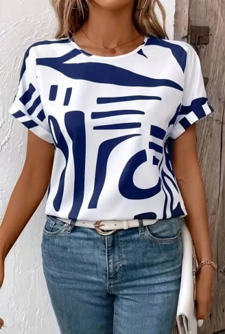 Kadın Kısa Kollu Yuvarlak Yaka Desenli Süprem Bluz