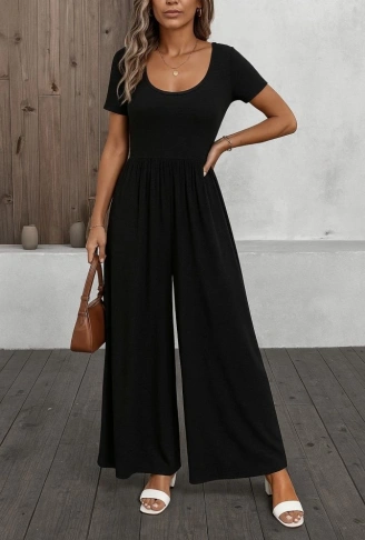 Kadın Kısa Kollu Yuvarlak Yaka Geniş Paçalı Bürümcük Tulum