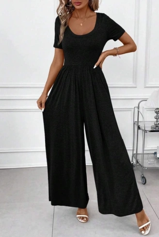 Kadın Kısa Kollu Yuvarlak Yaka Geniş Paçalı Bürümcük Tulum