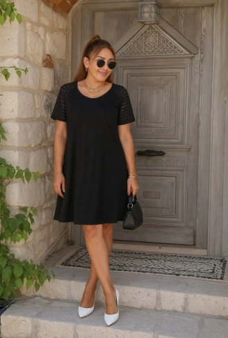 Kadın Kısa Kollu Yuvarlak Yaka şerit Kol Detaylı Viskon Elbise