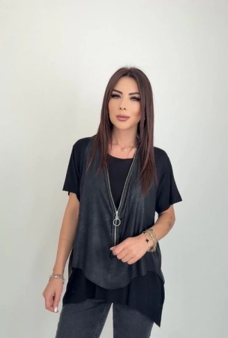 Kadın Kısa Kollu Yuvarlak Yaka Viskon Bluz + Kolsuz Fermuarlı çatlak Deri Yelek