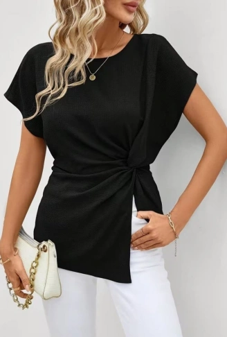 Kadın Kısa Kollu Yuvarlak Yakalı Yandan Sarmal Detaylı Bürümcük Bluz