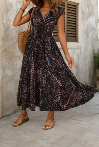 Kadın Kısa Yarasa Kanat Kollu V Yakalı Beli Büzgülü Süprem Elbise