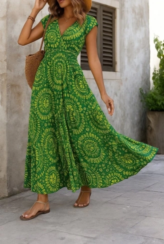 Kadın Kısa Yarasa Kanat Kollu V Yakalı Beli Büzgülü Süprem Elbise