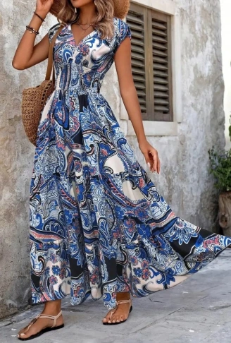 Kadın Kısa Yarasa Kanat Kollu V Yakalı Beli Büzgülü Süprem Elbise