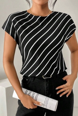 Kadın Kısa Yarasa Kollu Bisiklet Yaka çizgi Desenli Atlas Bluz