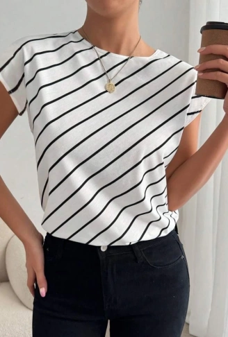 Kadın Kısa Yarasa Kollu Bisiklet Yaka çizgi Desenli Atlas Bluz