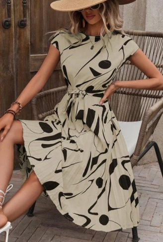 Kadın Kısa Yarasa Kollu Yuvarlak Yaka Beli Büzgülü Süprem Elbise