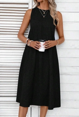 Kadın Kolsuz Bisiklet Yaka Cepli Midi Keten Elbise