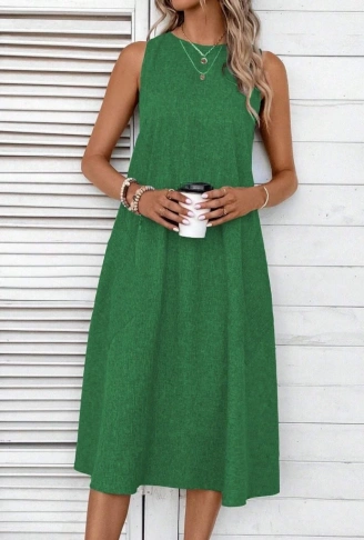 Kadın Kolsuz Bisiklet Yaka Cepli Midi Keten Elbise