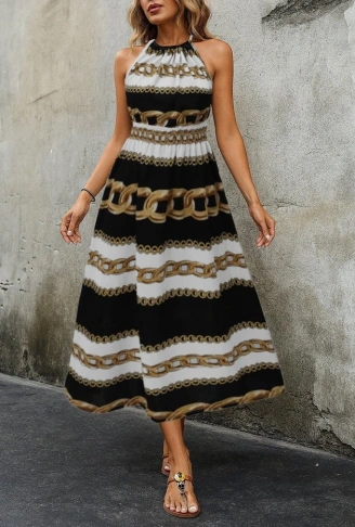 Kadın Kolsuz Boyundan Bağlamalı Beli Lastikli Dijital Baskı Süprem Uzun Elbise