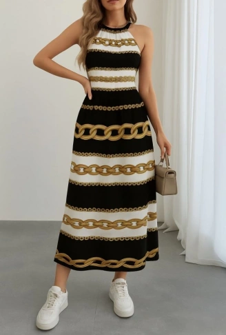 Kadın Kolsuz Boyundan Bağlamalı Beli Lastikli Dijital Baskı Süprem Uzun Elbise