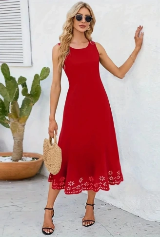 Kadın Kolsuz Etek Ucu Lazer Kesim çiçek Desenli Midi Boy Ithal Krep Elbise