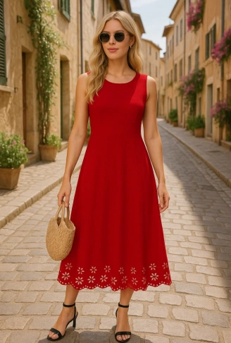 Kadın Kolsuz Etek Ucu Lazer Kesim çiçek Desenli Midi Boy Ithal Krep Elbise