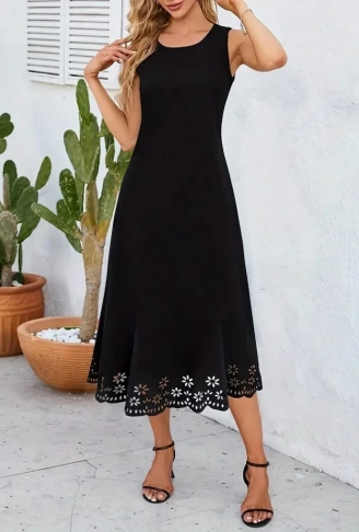 Kadın Kolsuz Etek Ucu Lazer Kesim çiçek Desenli Midi Boy Janjan Krep Elbise