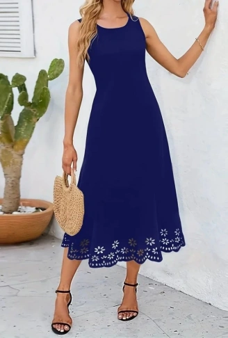 Kadın Kolsuz Etek Ucu Lazer Kesim çiçek Desenli Midi Boy Ithal Krep Elbise