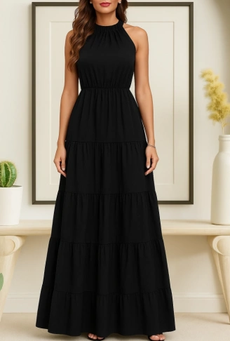 Kadın Kolsuz Halter Yaka Beli Lastiklidesenli Mikro Elbise