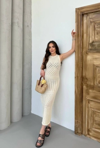 Kadın Kolsuz Kuş Gözü Teday Full Transparan Maxi Boy Elbise