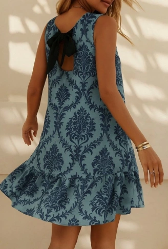 Kadın Kolsuz Sırttan Bağlamalı Fırfırlı Leopar Desenli Süprem Elbise