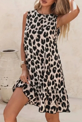 Kadın Kolsuz Sırttan Bağlamalı Fırfırlı Leopar Desenli Süprem Elbise