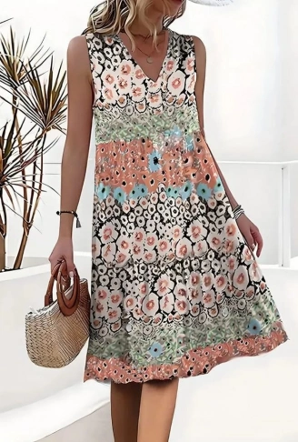 Kadın Kolsuz V Yaka çiçek Desenli Süprem Elbise