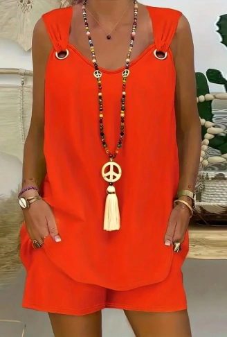 Kadın Kolsuz V Yaka Kuş Gözü Detay Bluz Short Aerobin Ikili Takım