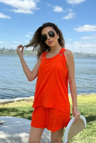 Kadın Kolsuz V Yaka Kuş Gözü Detay Bluz Short Aerobin Ikili Takım