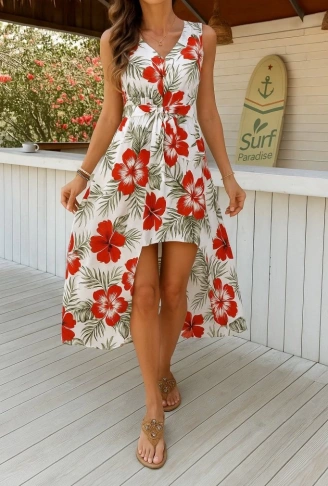 Kadın Kolsuz V Yakalı Desenli Süprem Tulum Elbise