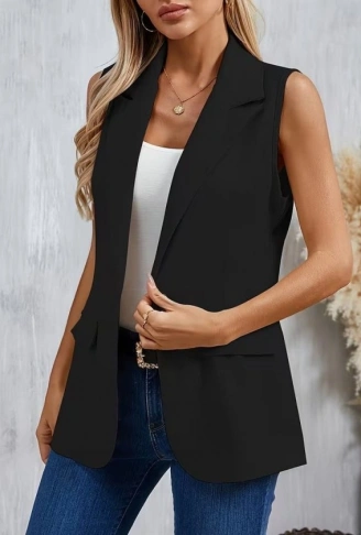 Kadın Kolsuz Yakalı önden Tek Düğmeli Atlas Ceket