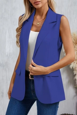 Kadın Kolsuz Yakalı önden Tek Düğmeli Atlas Ceket