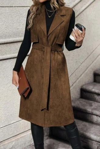 Kadın Kolsuz Yakalı önü Açık Belden Kuşaklı Süet Midi Yelek