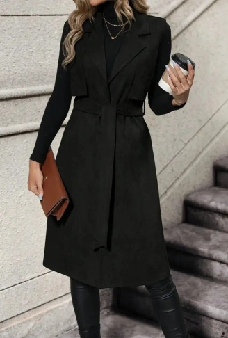 Kadın Kolsuz Yakalı önü Açık Belden Kuşaklı Süet Midi Yelek