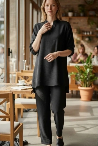 Kadın Kolu Katlanır Düğme Detay Hakim Yaka Bluzve Pantolon Sofia Keten Kumaş Ikili Takim