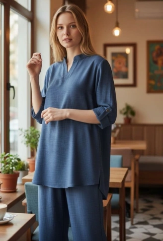 Kadın Kolu Katlanır Düğme Detay Hakim Yaka Bluzve Pantolon Sofia Keten Kumaş Ikili Takim