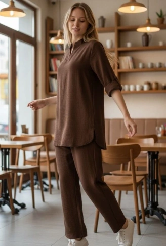 Kadın Kolu Katlanır Düğme Detay Hakim Yaka Bluzve Pantolon Sofia Keten Kumaş Ikili Takim