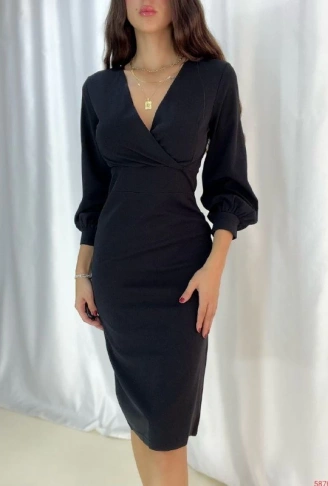 Kadın Kruvaze Yaka Balon Kol Midi Boy Elbise