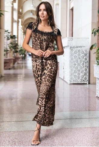 Kadın Leopar Desenli Dantelli Jesica Kumaş Maxi Boy Elbise