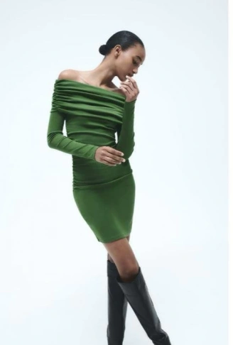 Kadın Madonna Mendil Yaka Fırsat ürün Büzgülü Mini Elbise