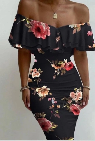 Kadın Madonna Yaka çiçek Baskılı Volan Detay Kalem Elbise