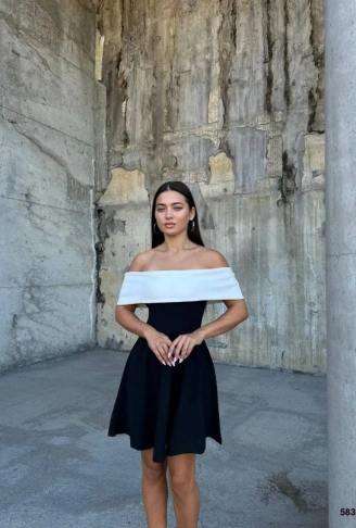 Kadın Madonna Yaka Dalgıç Krep Kumaş Siyah Mini Elbise