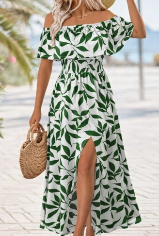 Kadın Madonna Yaka Göğüs Lastikli Yırtmaçlı Uzun Desenli Süprem Elbise