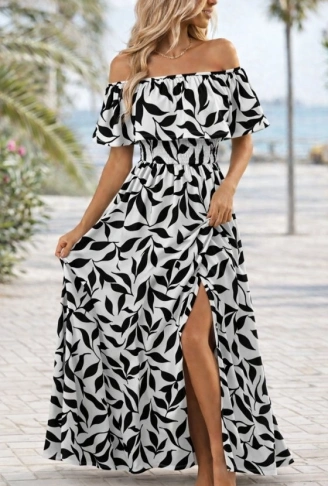 Kadın Madonna Yaka Göğüs Lastikli Yırtmaçlı Uzun Desenli Süprem Elbise