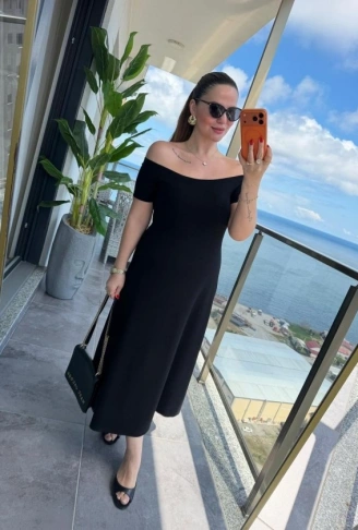 Kadın Madonna Yaka Midi Boy Modal Elbise