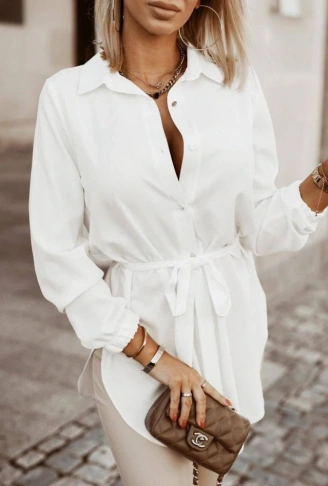 Kadın Metal Düğmeli Beli Kuşaklı Pamuk Polyester Kumaş Gömlek Elbise