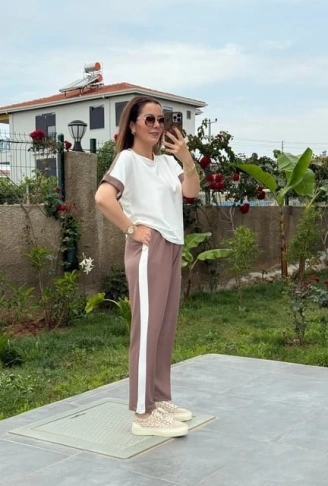 Kadın Modal Dokulu Kumaş Yanı şeritli Takım