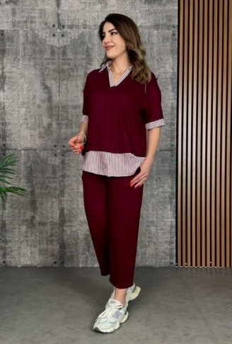 Kadın Modal Kumaş çizgili Gömlek Yaka Ikili Takım