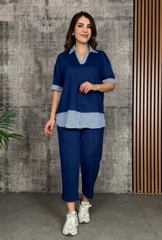 Kadın Modal Kumaş çizgili Gömlek Yaka Ikili Takım