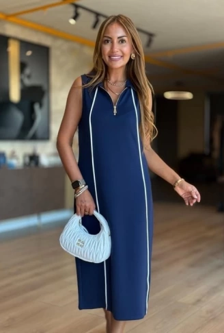 Kadın Modal Kumaş şerit Detaylı Fermuarlı Midi Elbise