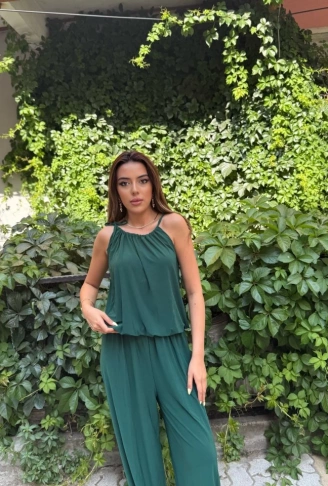 Kadın Omuz Askılı Döküm Detay Salaş Sandy Kumaş Tulum