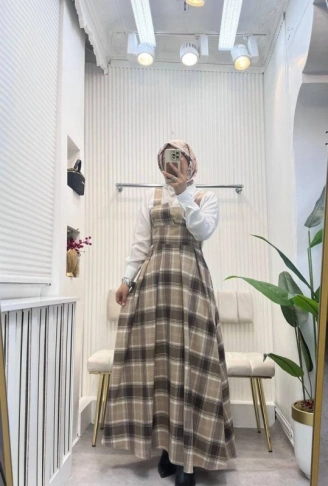 Kadın Omuz Askılı Full Ekose Detay Elbise